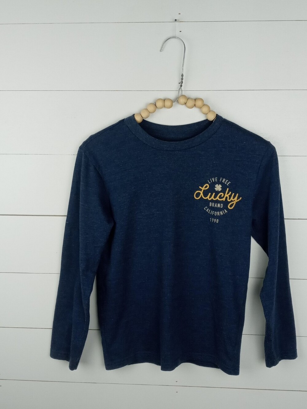 Lucky Brand boys 8 blue flex long sleeve logo design top vintage like design